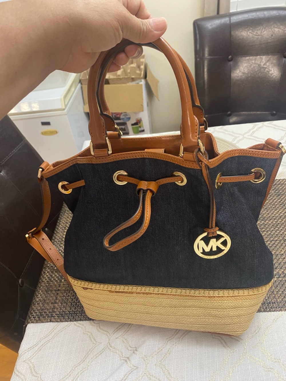 Michael Kors Black Canvas and Tan Leather-Trim Tote with Straw Base